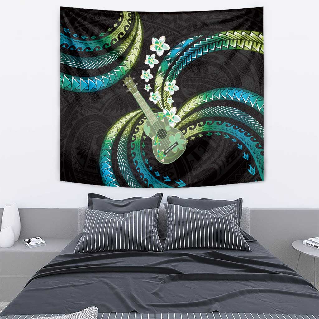 Hawaiian Ukulele Tapestry Chartreuse Cyan Fantastic Plumeria