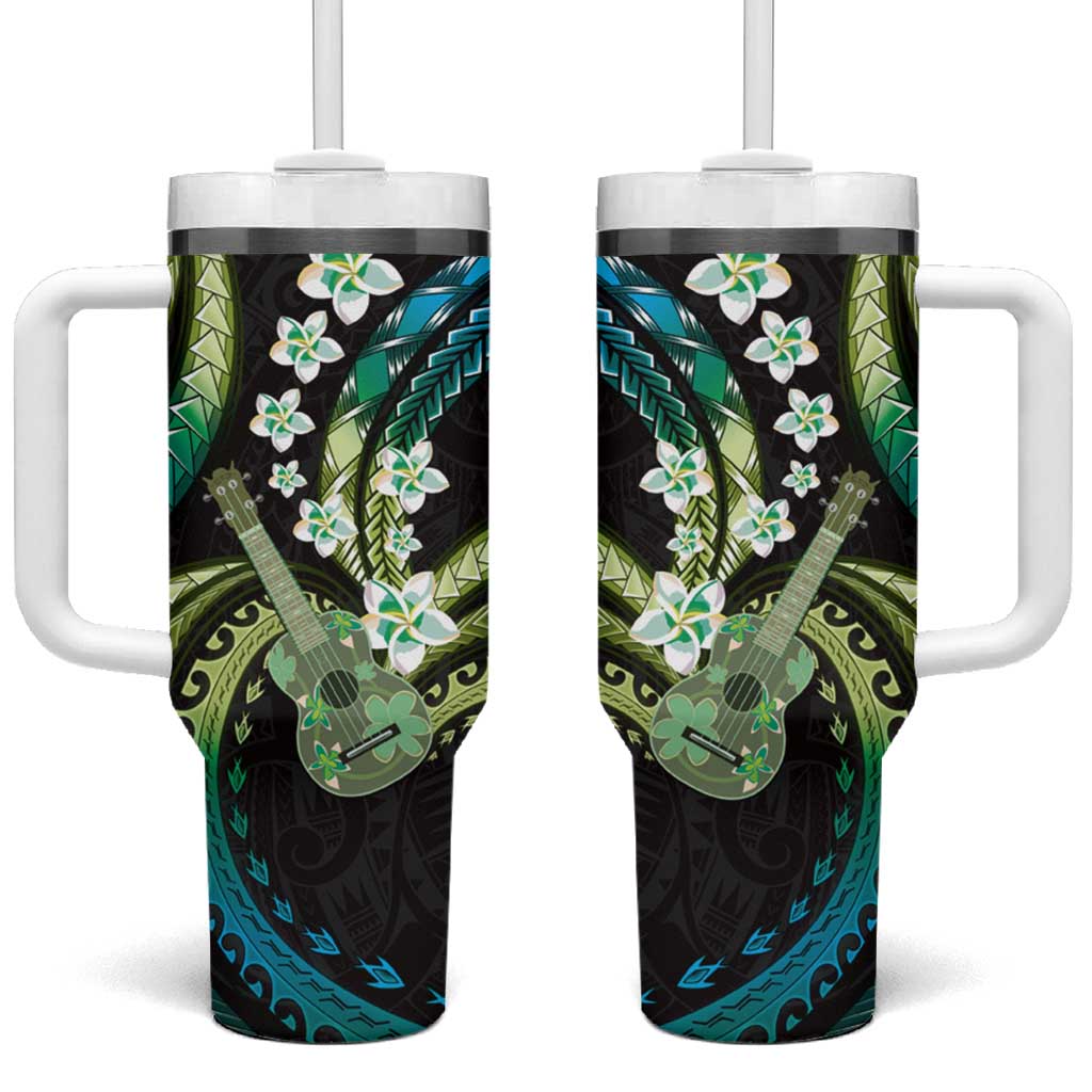 Hawaiian Ukulele Tumbler With Handle Chartreuse Cyan Fantastic Plumeria
