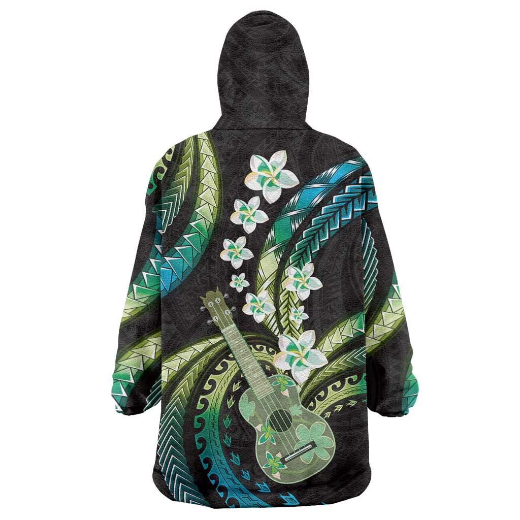 Hawaiian Ukulele Wearable Blanket Hoodie Chartreuse Cyan Fantastic Plumeria