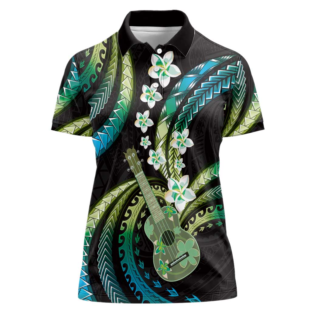 Hawaiian Ukulele Women Polo Shirt Chartreuse Cyan Fantastic Plumeria