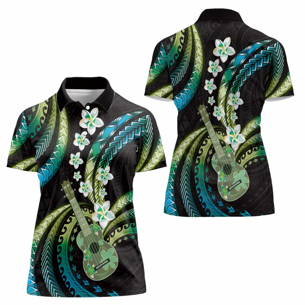 Hawaiian Ukulele Women Polo Shirt Chartreuse Cyan Fantastic Plumeria