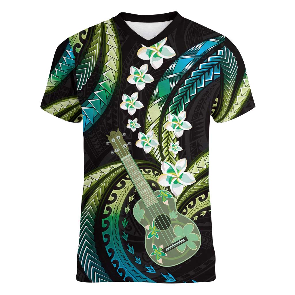 Hawaiian Ukulele Women V-Neck T-Shirt Chartreuse Cyan Fantastic Plumeria