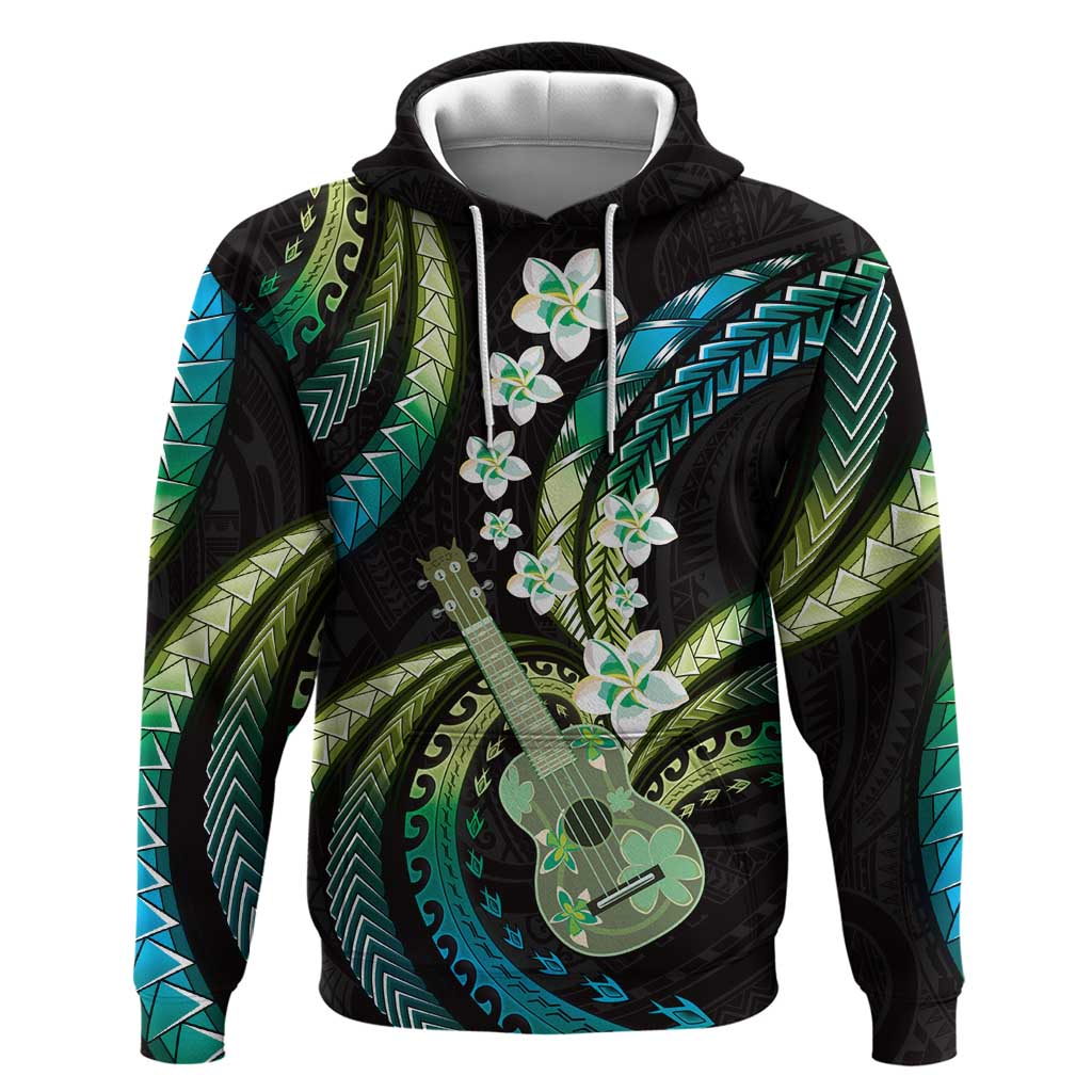 Hawaiian Ukulele Zip Hoodie Chartreuse Cyan Fantastic Plumeria