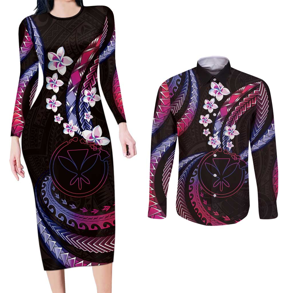 Hawaii Map Kanaka Maoli Couples Matching Long Sleeve Bodycon Dress and Long Sleeve Button Shirt Fantastic Frangipani Sweet Dream