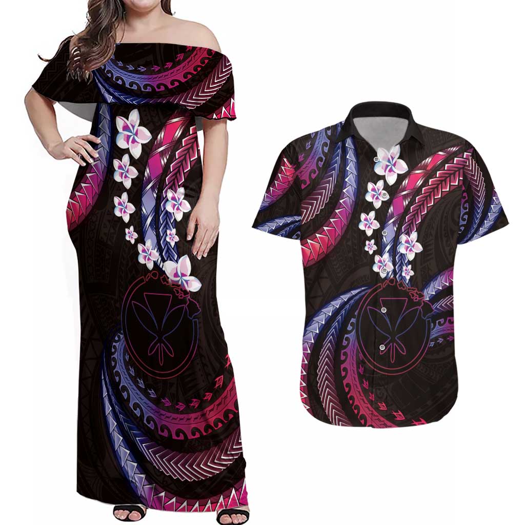 Hawaii Map Kanaka Maoli Couples Matching Off Shoulder Maxi Dress and Hawaiian Shirt Fantastic Frangipani Sweet Dream