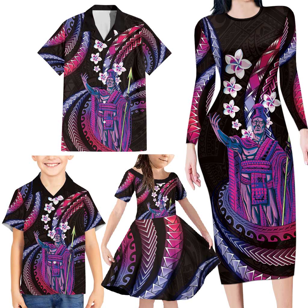Hawaii King Kamehameha Family Matching Long Sleeve Bodycon Dress and Hawaiian Shirt Fantastic Plumeria Sweet Vibes