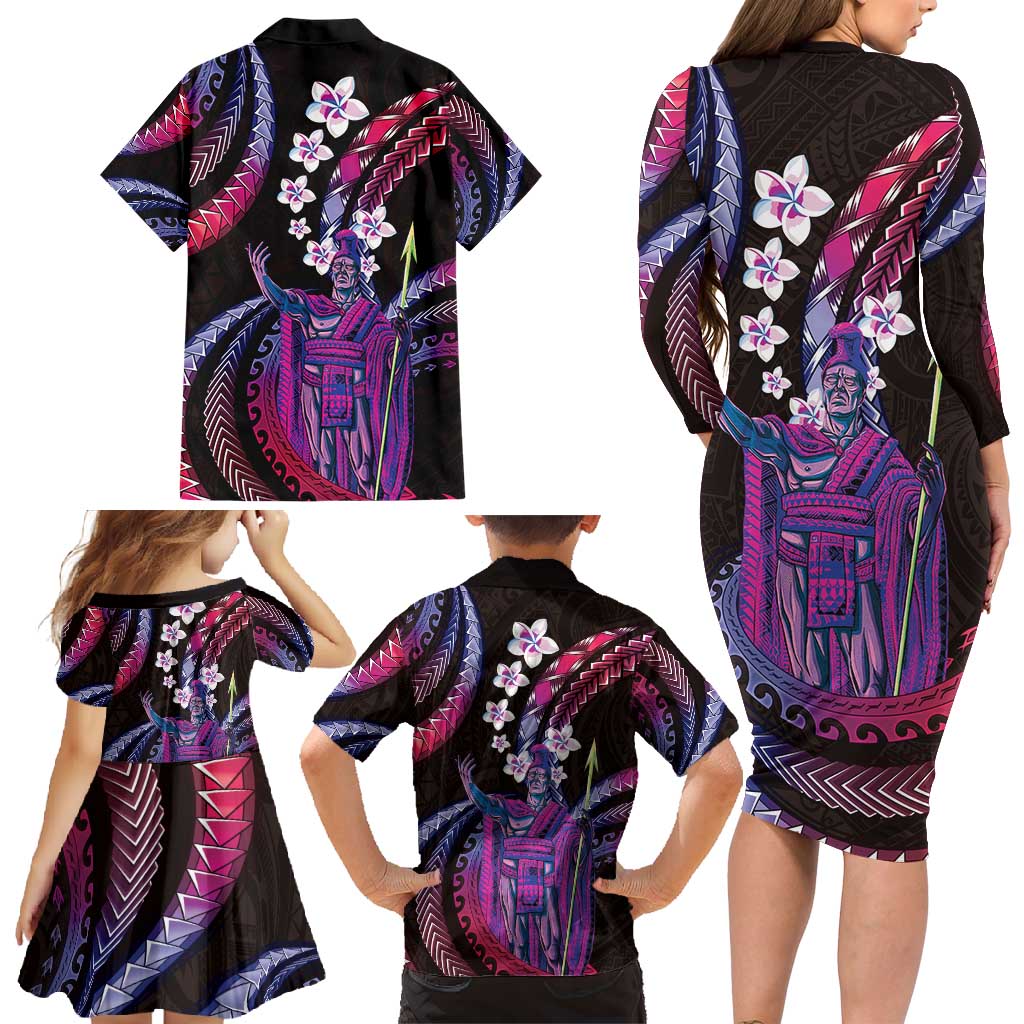 Hawaii King Kamehameha Family Matching Long Sleeve Bodycon Dress and Hawaiian Shirt Fantastic Plumeria Sweet Vibes