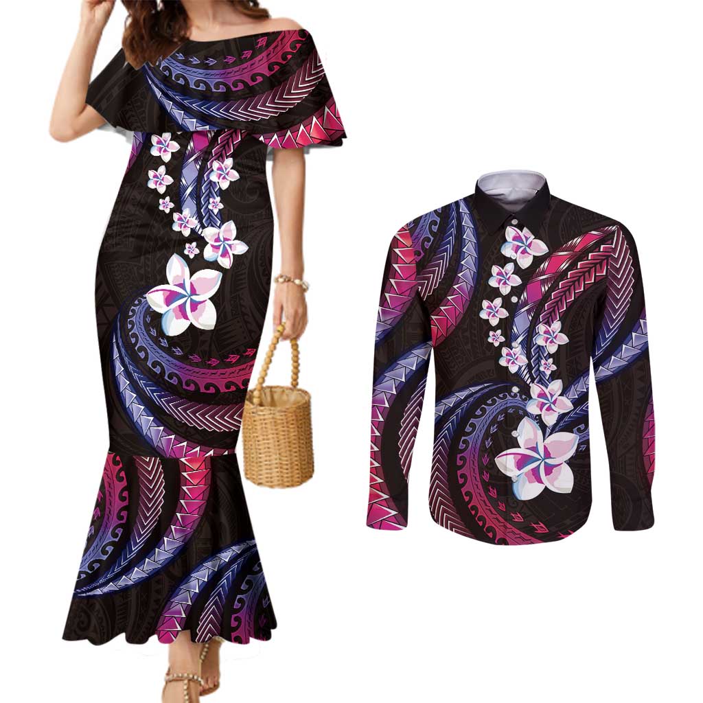 Hawaii Plumeria Couples Matching Mermaid Dress and Long Sleeve Button Shirt Sweet Gradient Polynesian Pattern