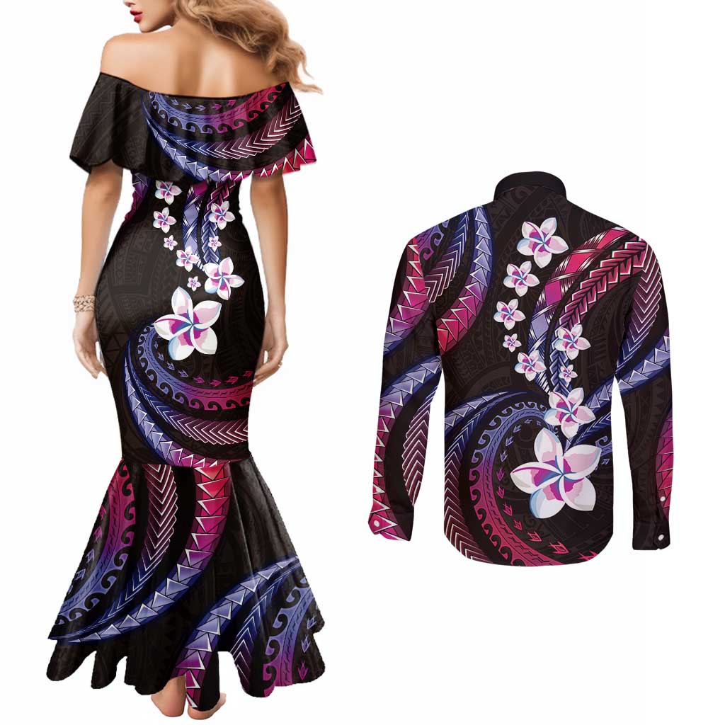 Hawaii Plumeria Couples Matching Mermaid Dress and Long Sleeve Button Shirt Sweet Gradient Polynesian Pattern