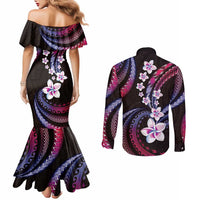 Hawaii Plumeria Couples Matching Mermaid Dress and Long Sleeve Button Shirt Sweet Gradient Polynesian Pattern