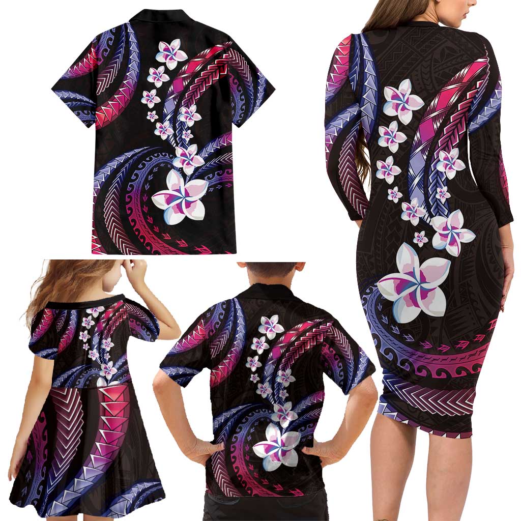 Hawaii Plumeria Family Matching Long Sleeve Bodycon Dress and Hawaiian Shirt Sweet Gradient Polynesian Pattern
