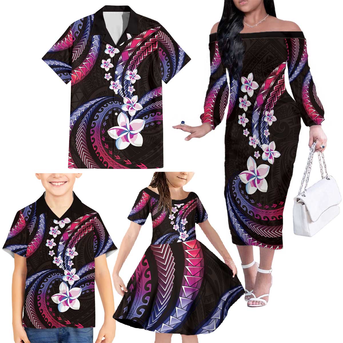 Hawaii Plumeria Family Matching Off The Shoulder Long Sleeve Dress and Hawaiian Shirt Sweet Gradient Polynesian Pattern
