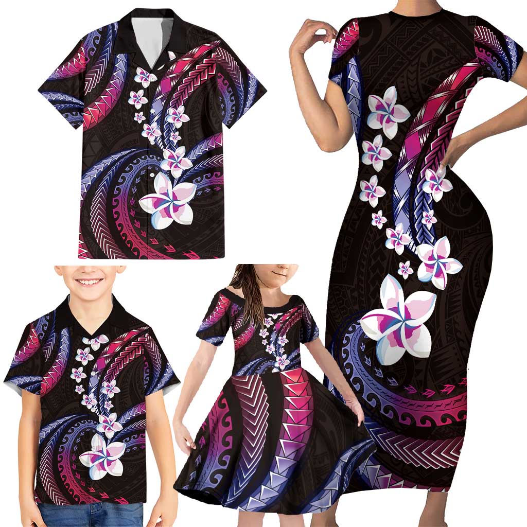 Hawaii Plumeria Family Matching Short Sleeve Bodycon Dress and Hawaiian Shirt Sweet Gradient Polynesian Pattern