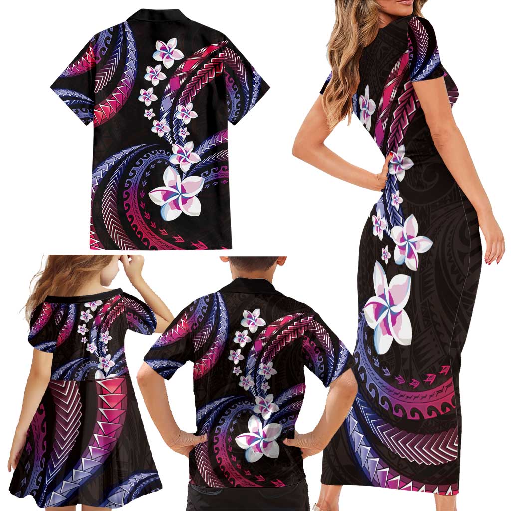Hawaii Plumeria Family Matching Short Sleeve Bodycon Dress and Hawaiian Shirt Sweet Gradient Polynesian Pattern