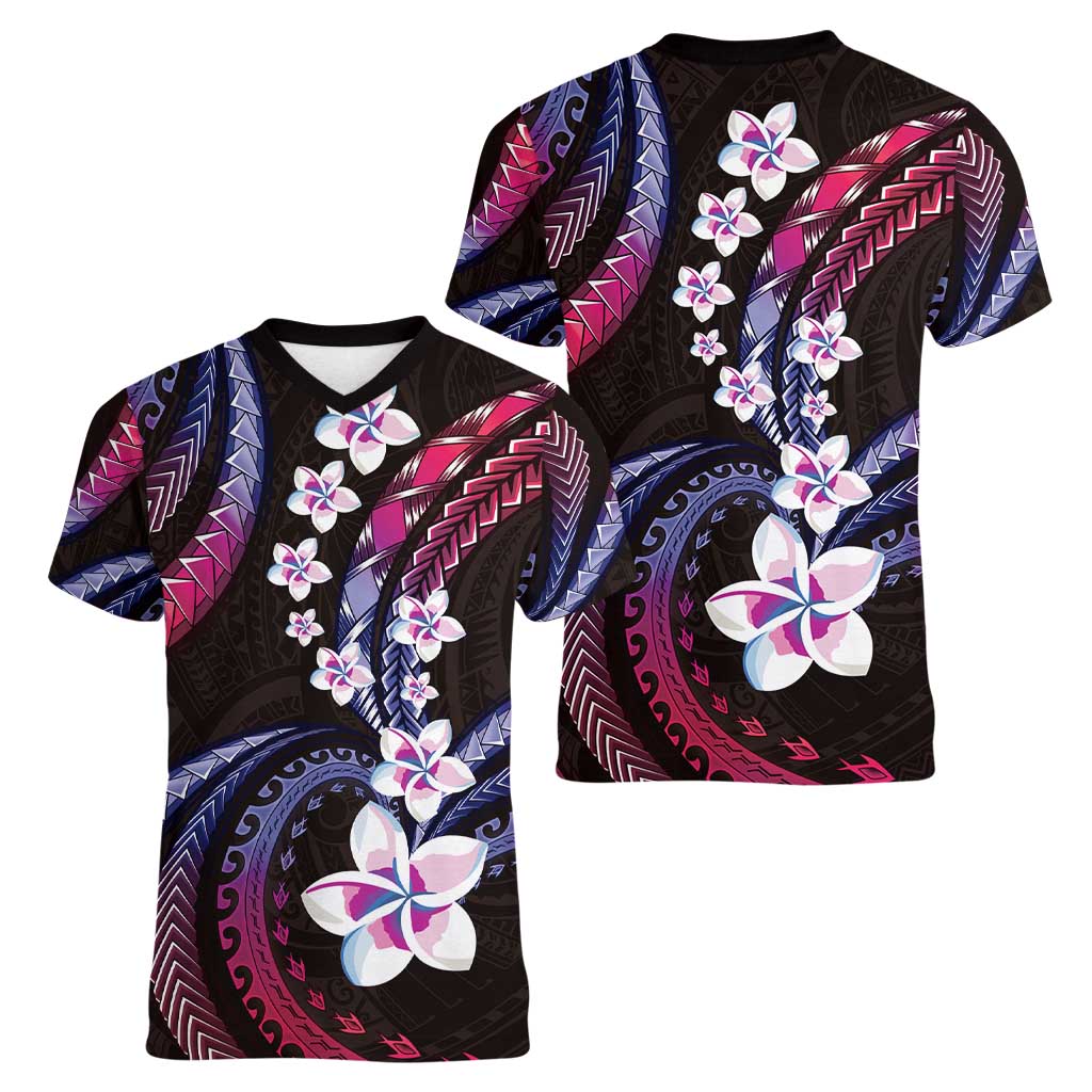 Hawaii Plumeria Women V-Neck T-Shirt Sweet Gradient Polynesian Pattern