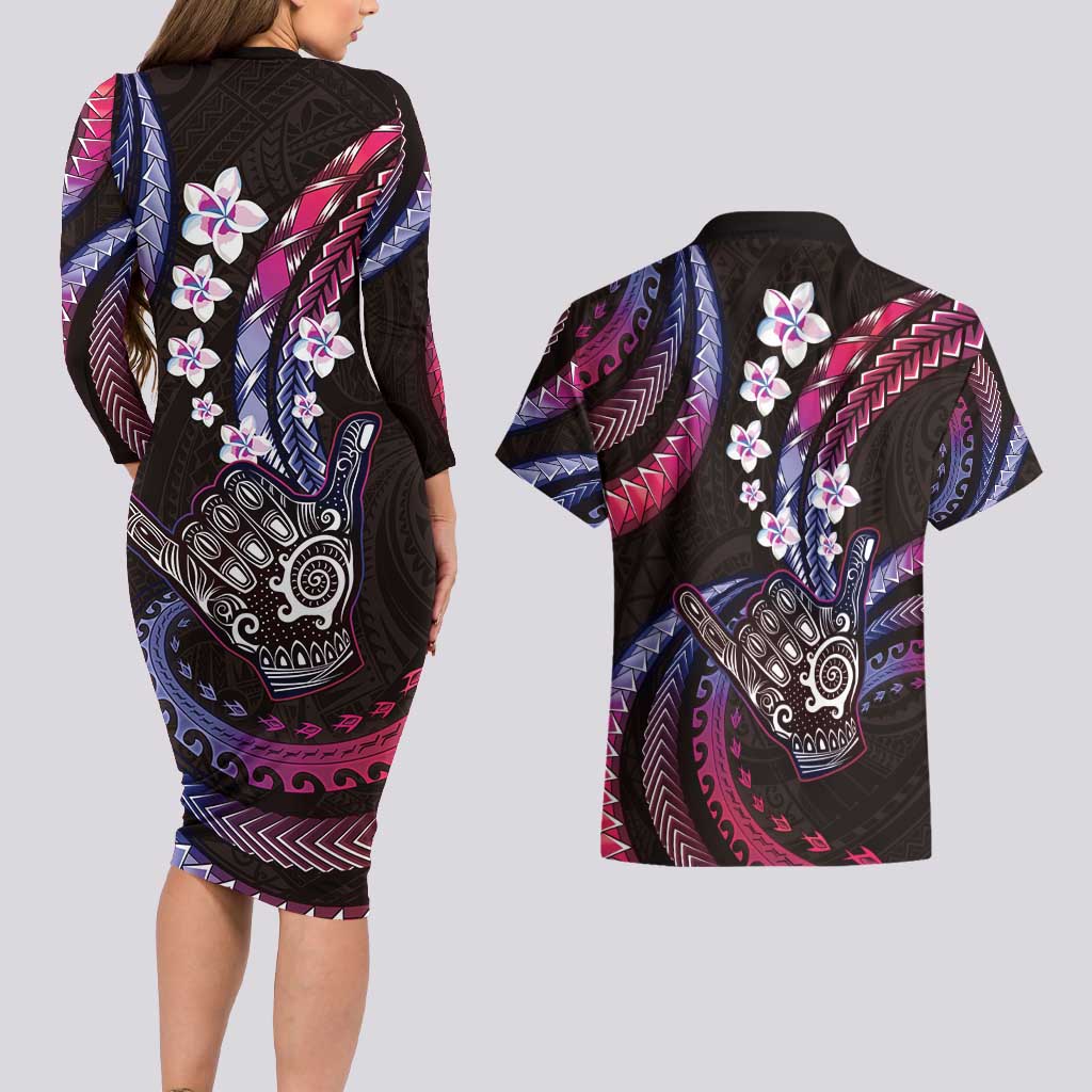 Hawaii Shaka Sign Couples Matching Long Sleeve Bodycon Dress and Hawaiian Shirt Fantastic Frangipani Sweet Vibes