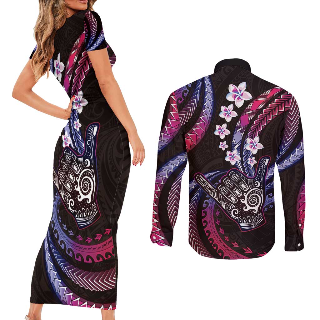 Hawaii Shaka Sign Couples Matching Short Sleeve Bodycon Dress and Long Sleeve Button Shirt Fantastic Frangipani Sweet Vibes