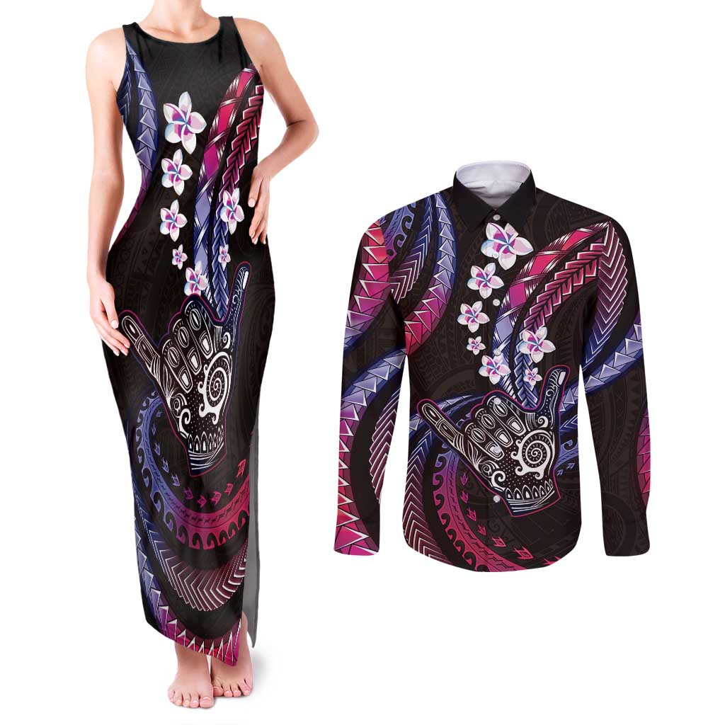 Hawaii Shaka Sign Couples Matching Tank Maxi Dress and Long Sleeve Button Shirt Fantastic Frangipani Sweet Vibes