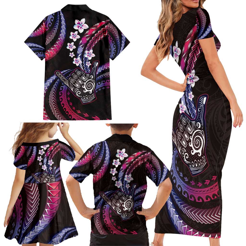 Hawaii Shaka Sign Family Matching Short Sleeve Bodycon Dress and Hawaiian Shirt Fantastic Frangipani Sweet Vibes