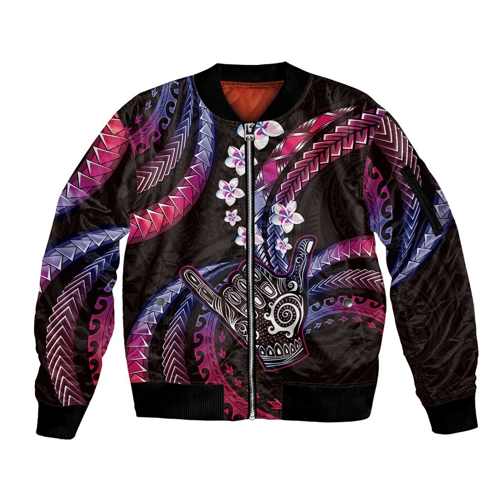 Hawaii Shaka Sign Sleeve Zip Bomber Jacket Fantastic Frangipani Sweet Vibes