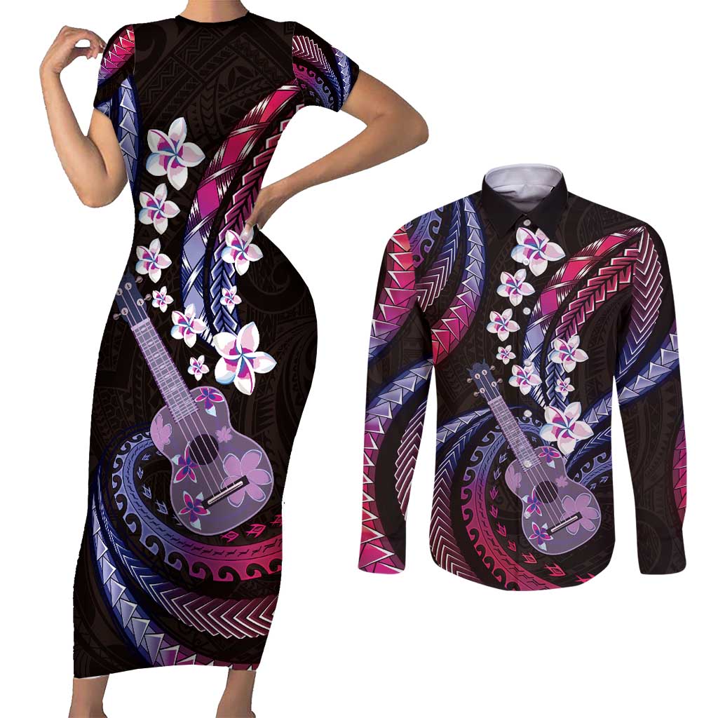 Hawaiian Ukulele Couples Matching Short Sleeve Bodycon Dress and Long Sleeve Button Shirt Sweet Dream Fantastic Plumeria