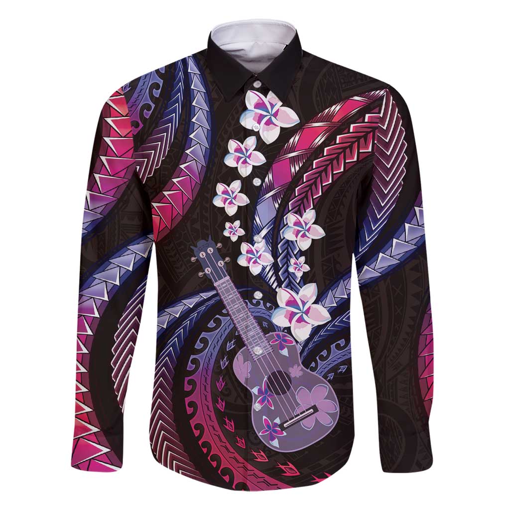 Hawaiian Ukulele Family Matching Off Shoulder Maxi Dress and Hawaiian Shirt Sweet Dream Fantastic Plumeria LT01 Dad's Shirt - Long Sleeve Pink - Polynesian Pride
