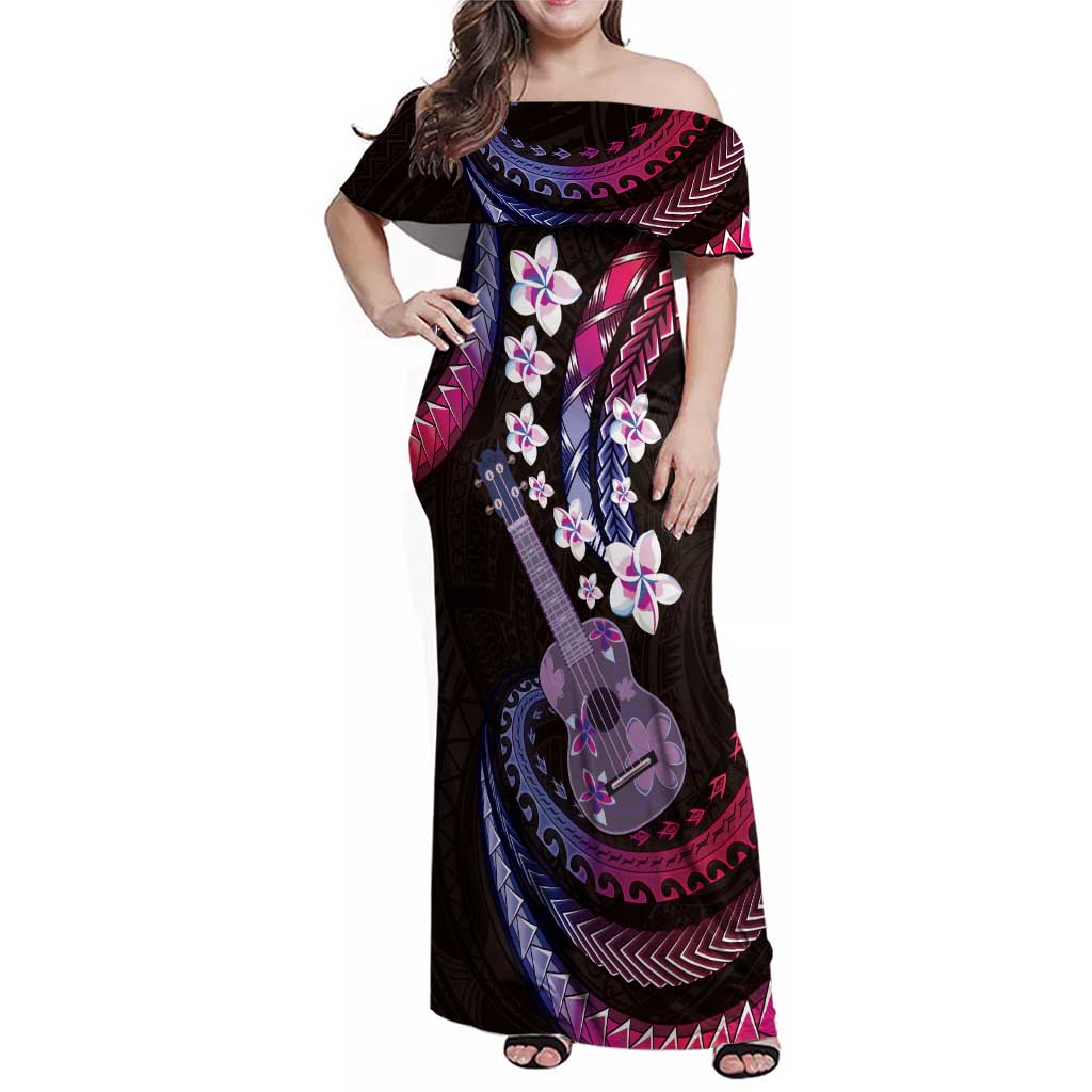 Hawaiian Ukulele Family Matching Off Shoulder Maxi Dress and Hawaiian Shirt Sweet Dream Fantastic Plumeria LT01 Mom's Dress Pink - Polynesian Pride