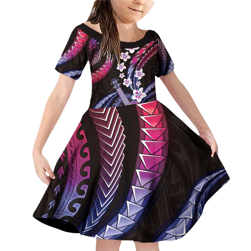 Hawaiian Ukulele Family Matching Off Shoulder Short Dress and Hawaiian Shirt Sweet Dream Fantastic Plumeria LT01 Daughter's Dress Pink - Polynesian Pride