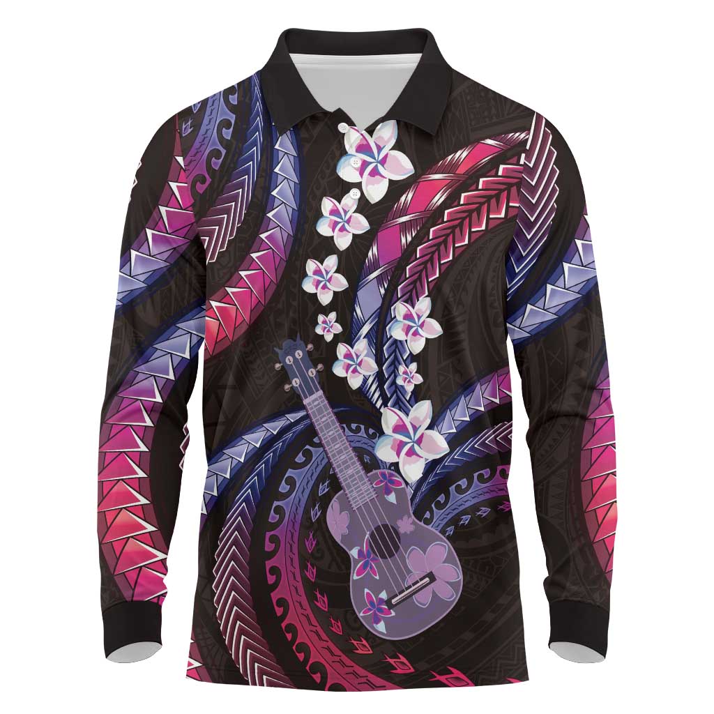Hawaiian Ukulele Long Sleeve Polo Shirt Sweet Dream Fantastic Plumeria