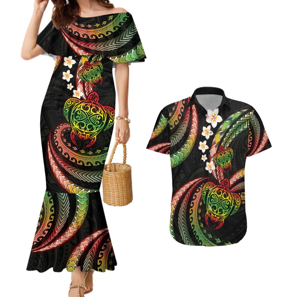 Hawaii Turtles Plumeria Couples Matching Mermaid Dress and Hawaiian Shirt Reggae Polynesian Pattern