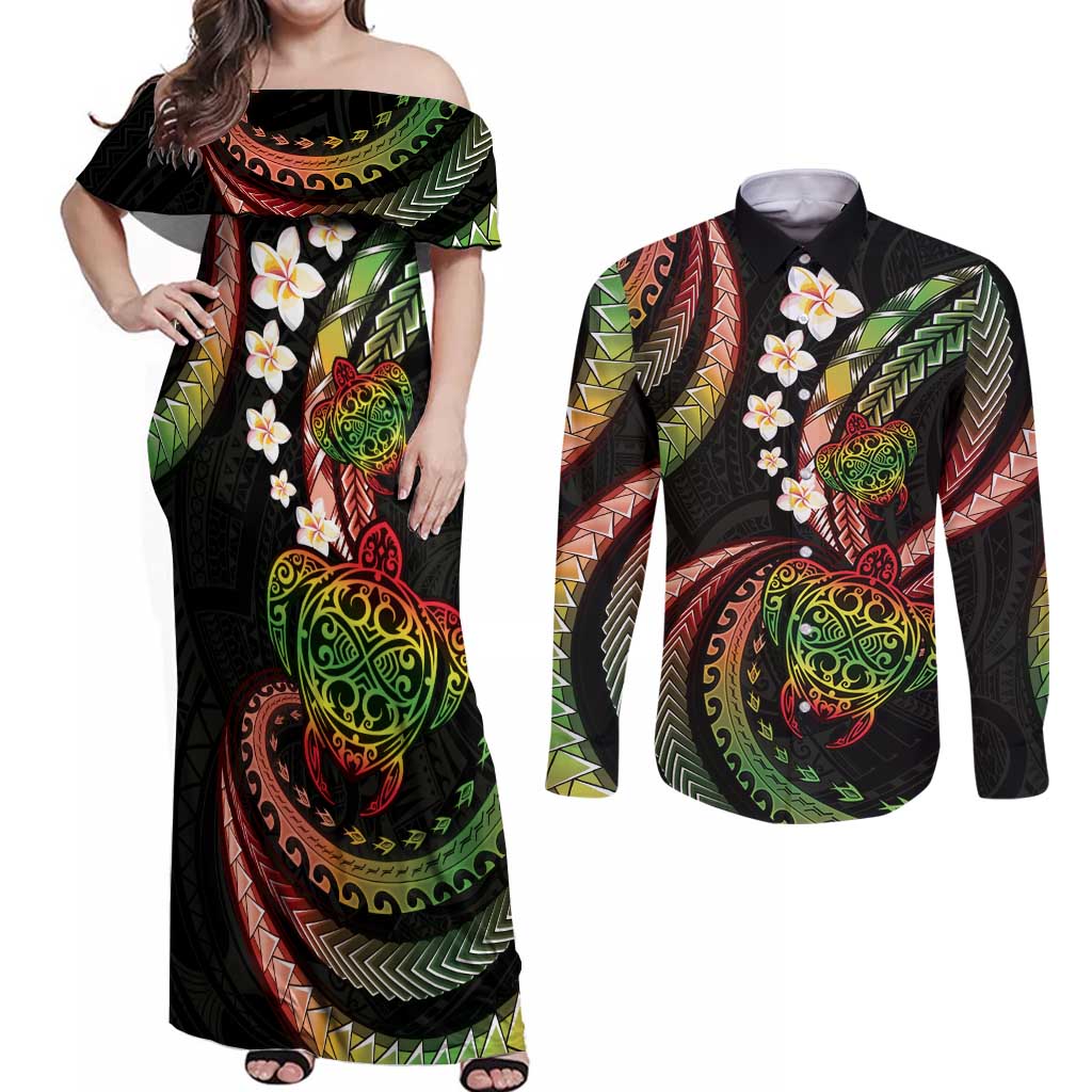 Hawaii Turtles Plumeria Couples Matching Off Shoulder Maxi Dress and Long Sleeve Button Shirt Reggae Polynesian Pattern