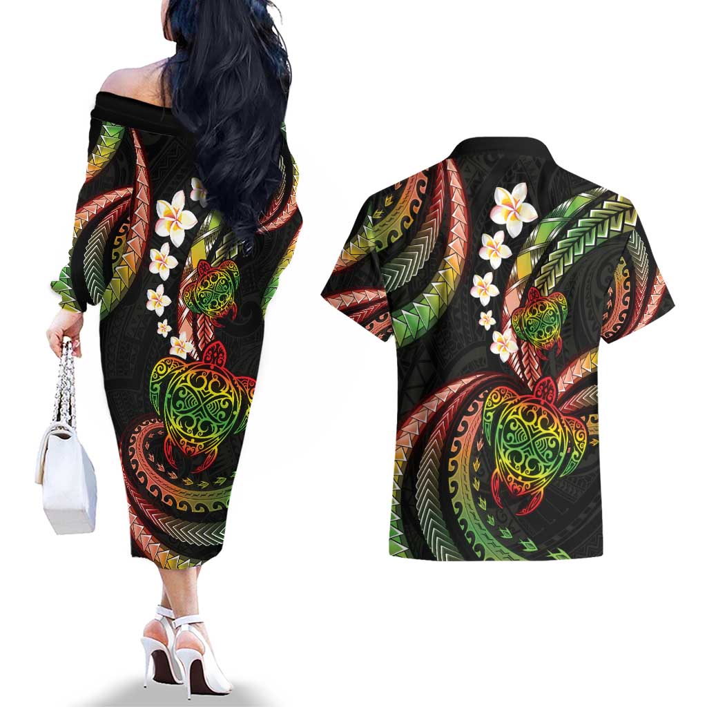 Hawaii Turtles Plumeria Couples Matching Off The Shoulder Long Sleeve Dress and Hawaiian Shirt Reggae Polynesian Pattern