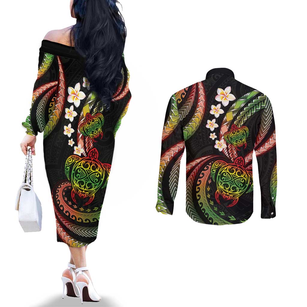 Hawaii Turtles Plumeria Couples Matching Off The Shoulder Long Sleeve Dress and Long Sleeve Button Shirt Reggae Polynesian Pattern