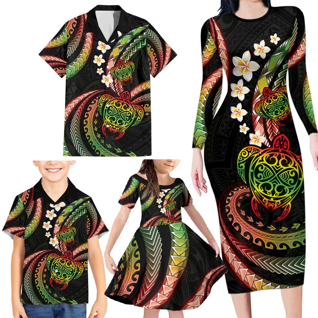 Hawaii Turtles Plumeria Family Matching Long Sleeve Bodycon Dress and Hawaiian Shirt Reggae Polynesian Pattern