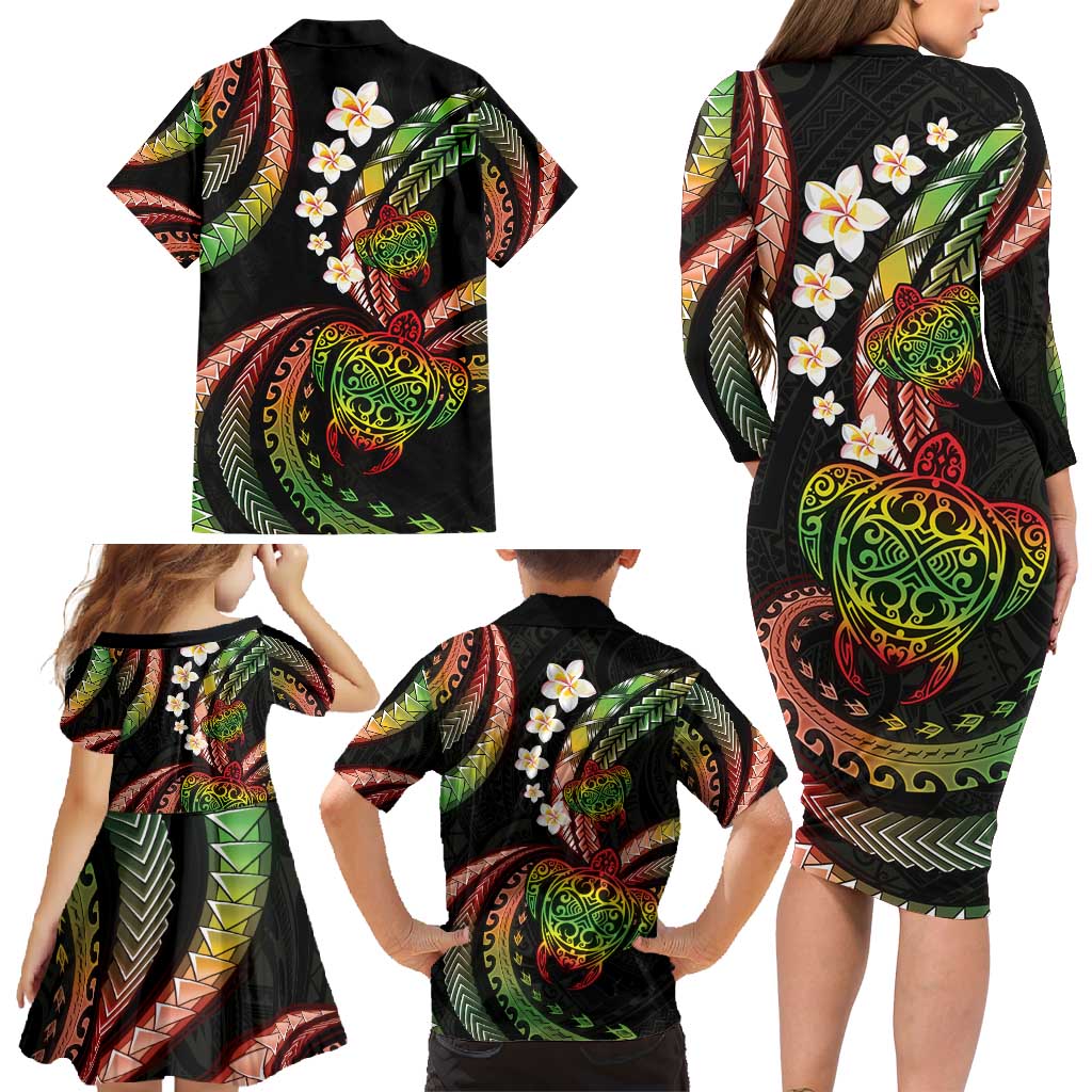 Hawaii Turtles Plumeria Family Matching Long Sleeve Bodycon Dress and Hawaiian Shirt Reggae Polynesian Pattern
