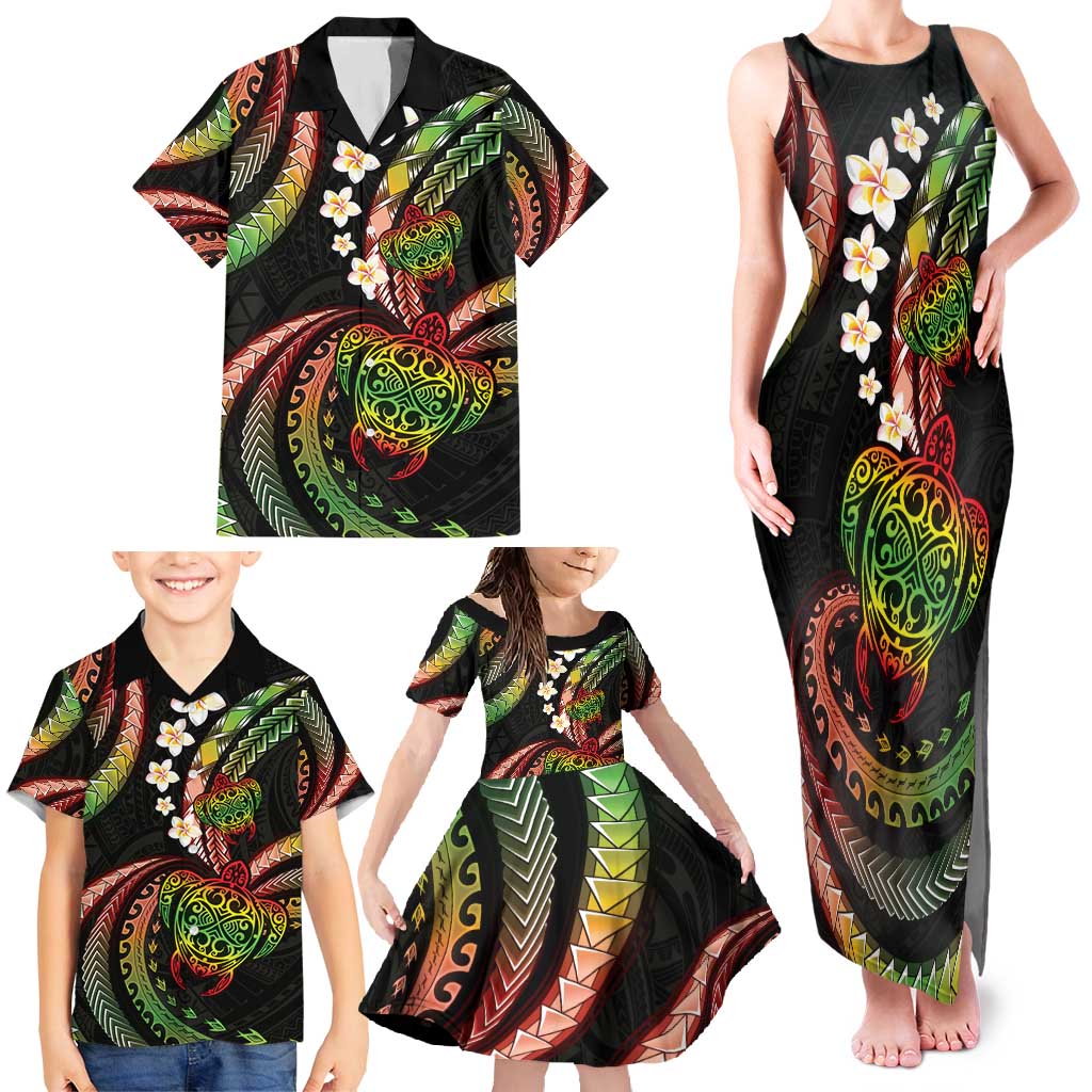 Hawaii Turtles Plumeria Family Matching Tank Maxi Dress and Hawaiian Shirt Reggae Polynesian Pattern