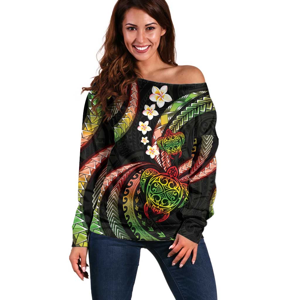 Hawaii Turtles Plumeria Off Shoulder Sweater Reggae Polynesian Pattern