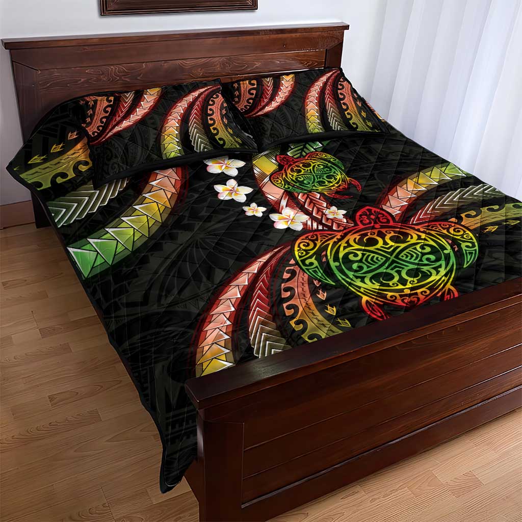 Hawaii Turtles Plumeria Quilt Bed Set Reggae Polynesian Pattern