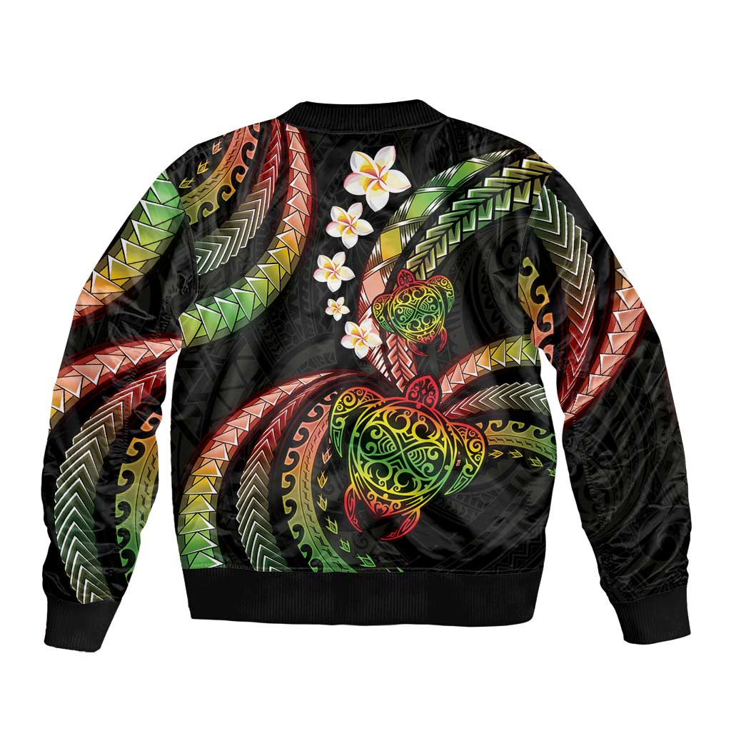 Hawaii Turtles Plumeria Sleeve Zip Bomber Jacket Reggae Polynesian Pattern