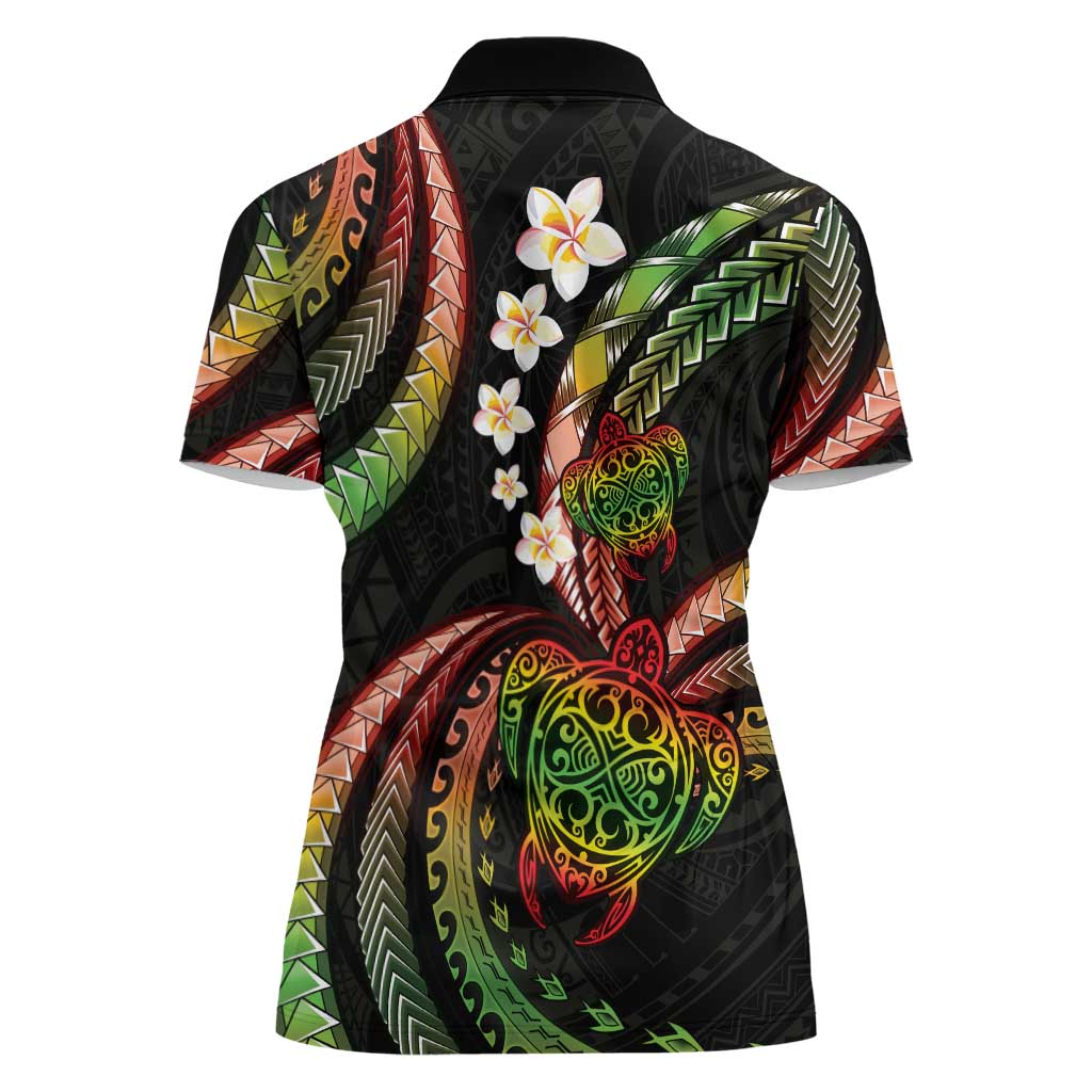 Hawaii Turtles Plumeria Women Polo Shirt Reggae Polynesian Pattern