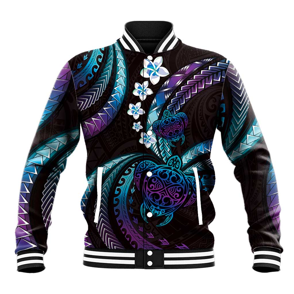 Hawaii Turtles Plumeria Baseball Jacket Amethyst Gradient Polynesian Pattern