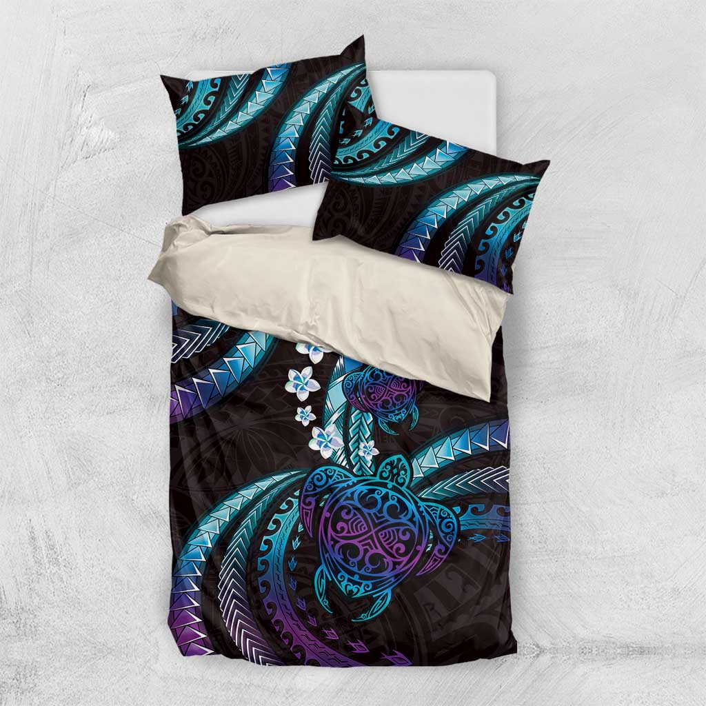 Hawaii Turtles Plumeria Bedding Set Amethyst Gradient Polynesian Pattern