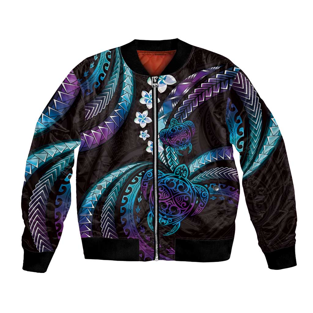 Hawaii Turtles Plumeria Bomber Jacket Amethyst Gradient Polynesian Pattern