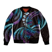 Hawaii Turtles Plumeria Bomber Jacket Amethyst Gradient Polynesian Pattern