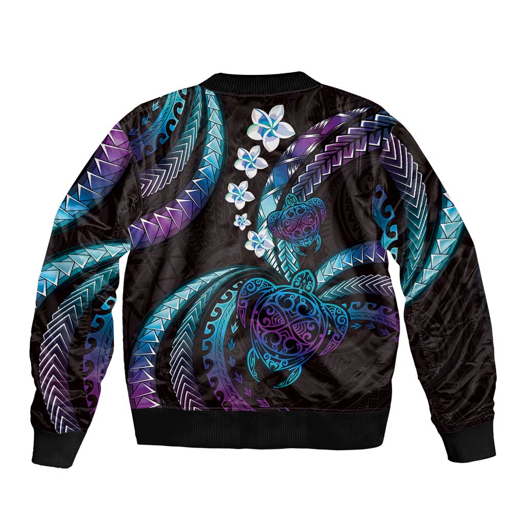 Hawaii Turtles Plumeria Bomber Jacket Amethyst Gradient Polynesian Pattern