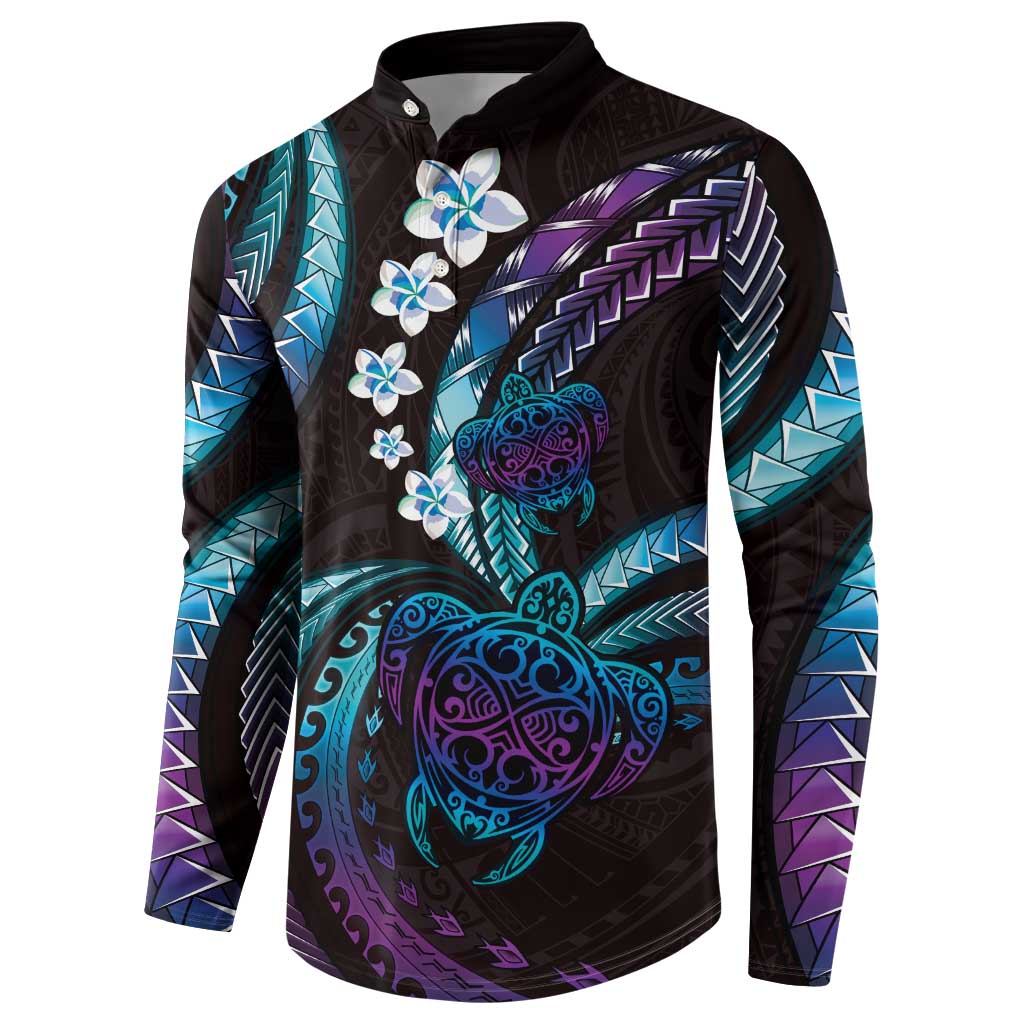 Hawaii Turtles Plumeria Button Sweatshirt Amethyst Gradient Polynesian Pattern