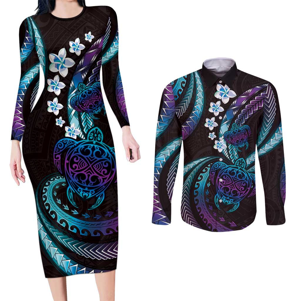 Hawaii Turtles Plumeria Couples Matching Long Sleeve Bodycon Dress and Long Sleeve Button Shirt Amethyst Gradient Polynesian Pattern