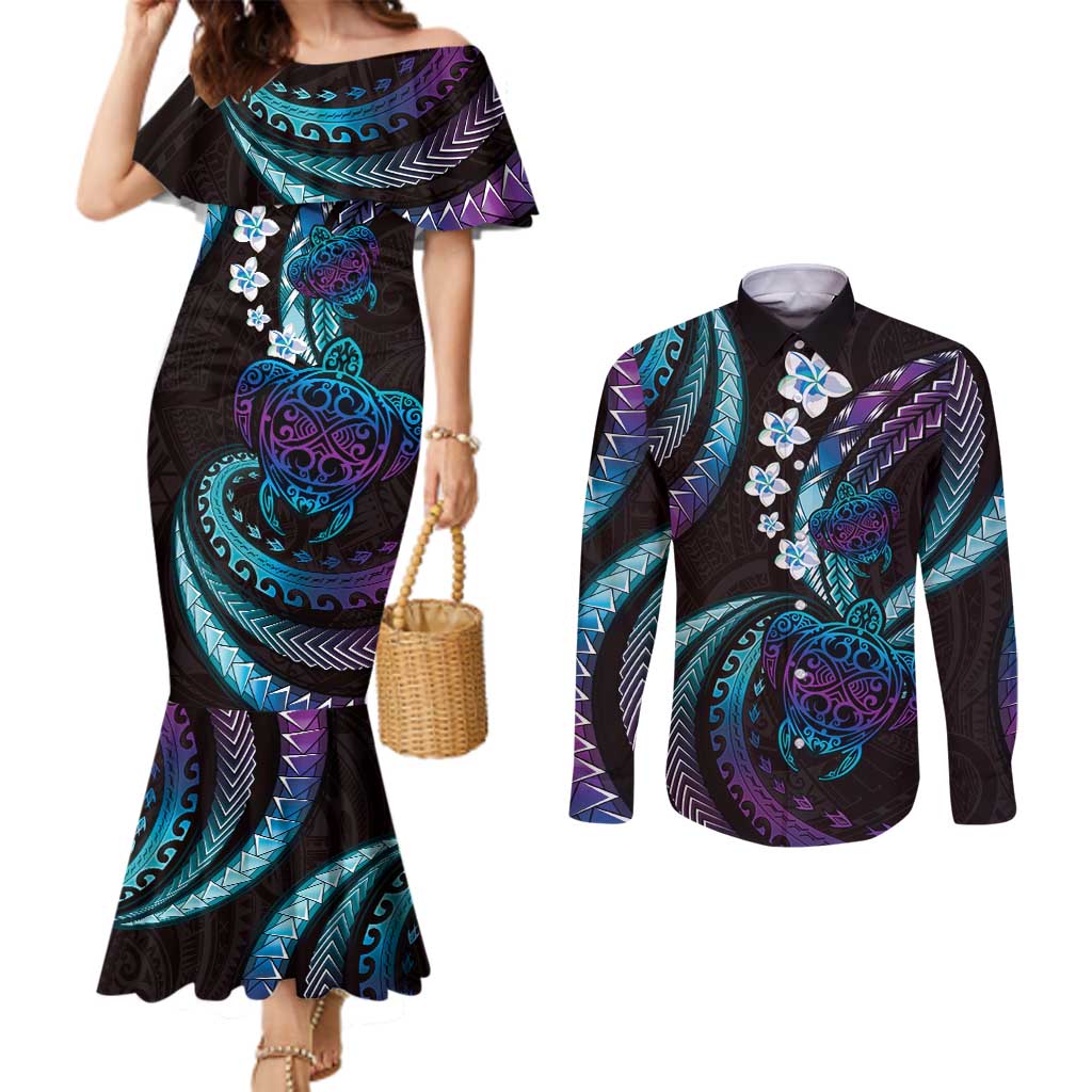 Hawaii Turtles Plumeria Couples Matching Mermaid Dress and Long Sleeve Button Shirt Amethyst Gradient Polynesian Pattern