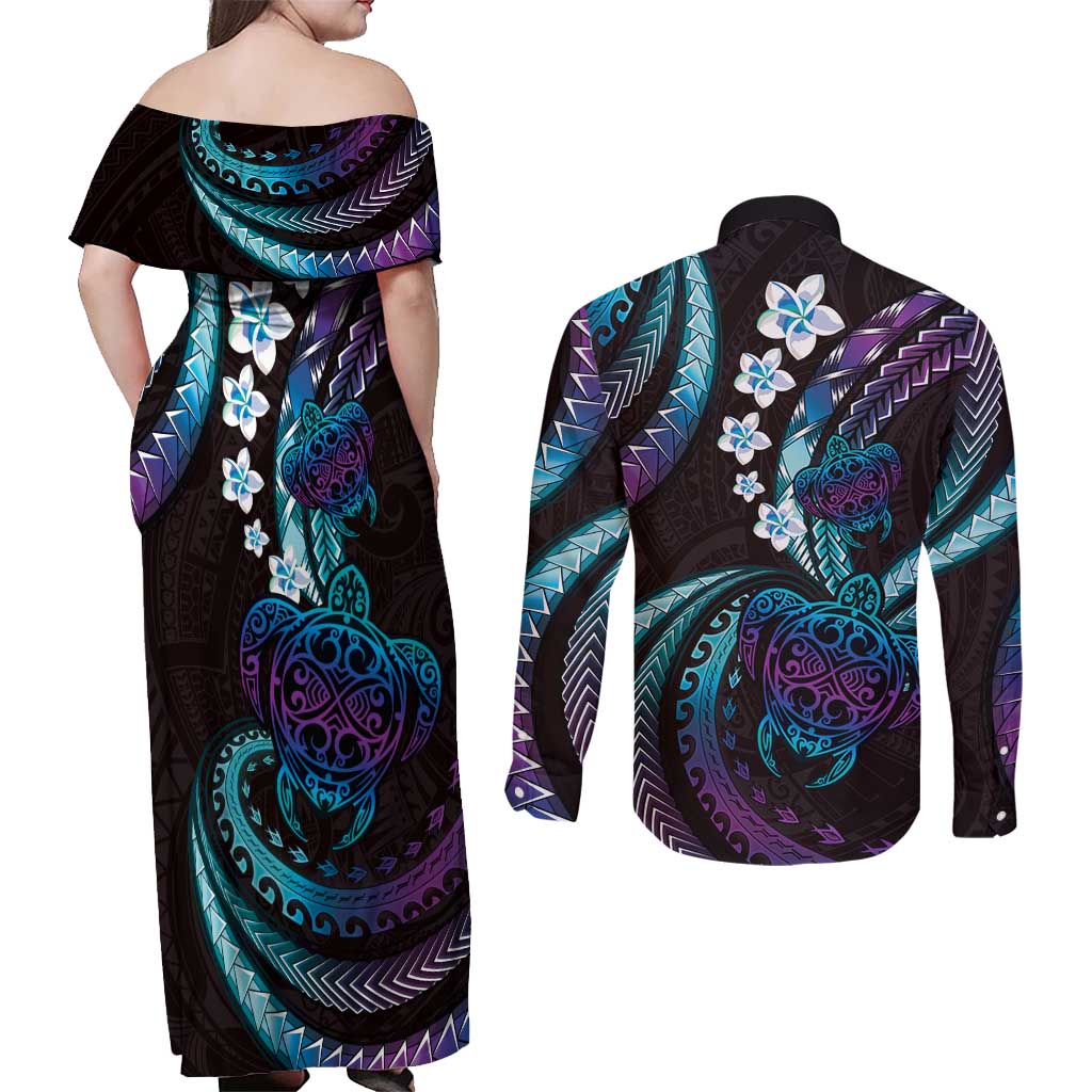 Hawaii Turtles Plumeria Couples Matching Off Shoulder Maxi Dress and Long Sleeve Button Shirt Amethyst Gradient Polynesian Pattern
