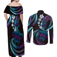 Hawaii Turtles Plumeria Couples Matching Off Shoulder Maxi Dress and Long Sleeve Button Shirt Amethyst Gradient Polynesian Pattern